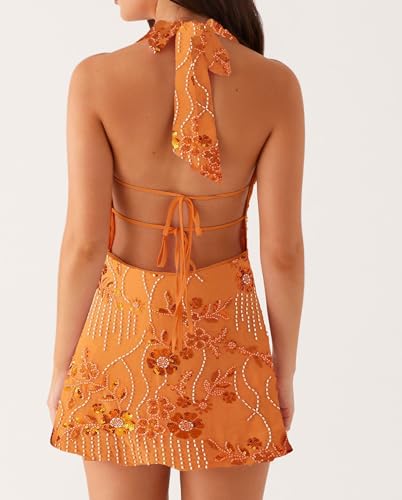 Image of Women Halter Low Neck Mini Dress Sexy Cutout Sleeveless Boho Short Dresses Open Back Night Party Going Out Sundress