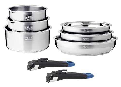 Arthur Martin - Batería de Cocina 10 Piezas Acero Inoxidable 18/10 - Apta Inducción - Sartenes Ø20/22/26 Cacerolas Ø16/18/20-3 Tapas Vidrio, Pico Vertedor