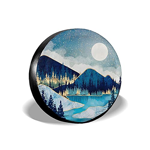 Image of Blue Gold Spare Tire Cover Mountain Tree Star Wheel Cover 16 Inch | Black,Polyester,Protectors Tire Cover,Waterproof,Dust-Proof,Universal,Fit for RV Jeep SUV Motor Travel Camper Tires