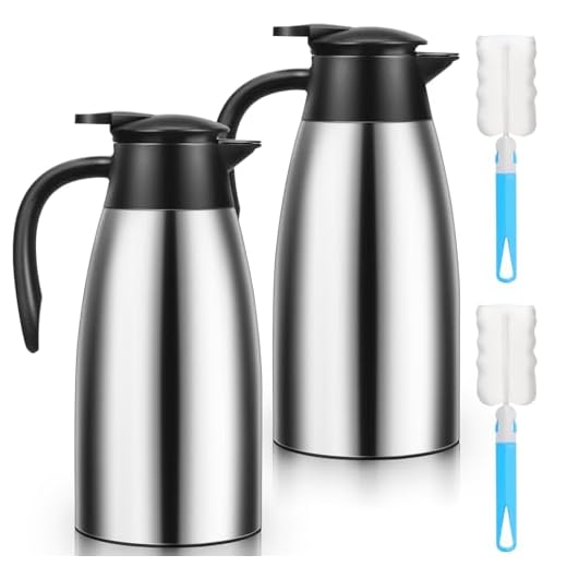 2 PCS 68 OZ Thermal Coffee Carafe, Insulated Stainless Steel Coffee Carafe Double Walled Vacuum Thermal Pot Flask with Brushes Thermos for Keeping Hot Coffee Tea Home and Office (Silver)