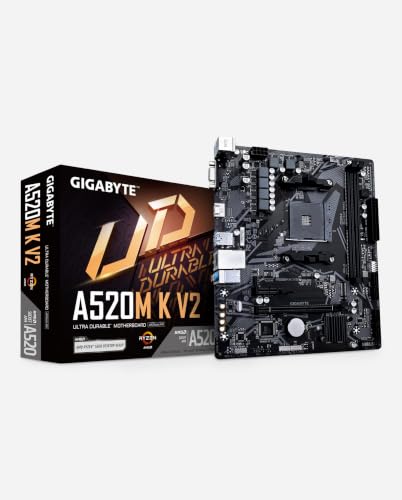 Gigabyte A520M K V2 Motherboard - Supports AMD Ryzen 5000 Series AM4 CPUs, up to 5100MHz DDR4 (OC), PCIe Gen3 x4 M.2, GbE LAN, USB 3.2 Gen 1 - 6