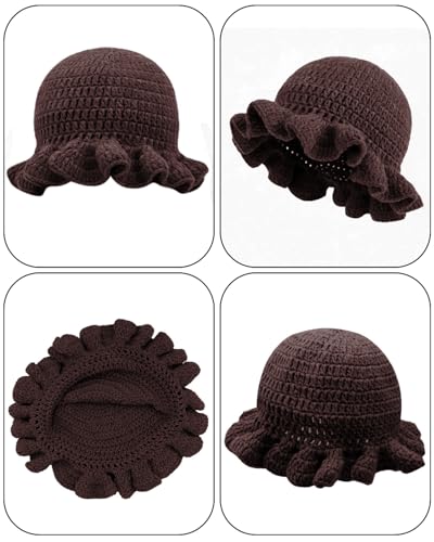 Image of Women Crochet Bucket Hat Cute Winter Ruffled Brim Floppy Cap Handmade Knit Cloche Hats