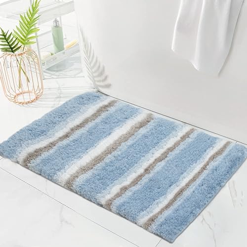 Home Weavers Glamour Collection 100% Polyester Microfiber Bathroom Rug, Non Slip Bath Mat Water Absorbent Soft Microfiber Shaggy Mat Machine Washable, Thick Plush Rugs for Shower - 17"X24", Blue