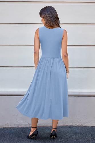 Image of Newshows Women 2025 Work Dress Sleeveless Crew Neck Office Business Casual Outfits Midi Elegant Dresses with Pockets