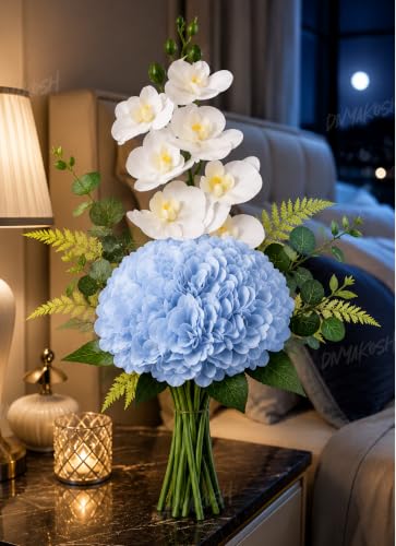 Image of Divyakosh Artificial Flowers Bunch (Vase Not Included). Artificial Flower for Vase, Flower Bouquet Gift, Sky Blue Hydrangea & White Orchid Artificial Flower Arrangement for Living Room, Office