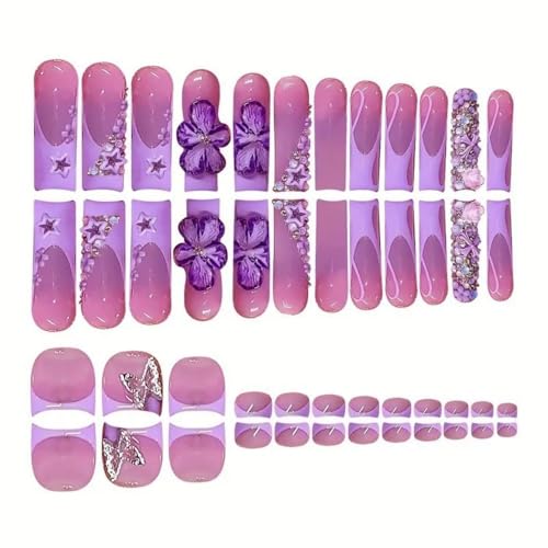 Image of Flower Press on Nails Purple Press on Toenails Long Square Fake Nails French Tip Glue on Toenails with Rhinestone Design Glossy Full Cover Butterfly Stick on Toes for Women Manicure 48Pcs