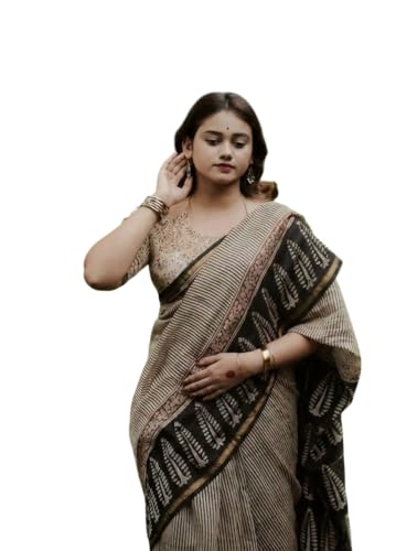 Image of Linen Saree for Women with Blouse Piece | Premium Soft Linen Cotton Saree | Lightweight Printed Traditional & Casual Wear Saree with Contrast Border
