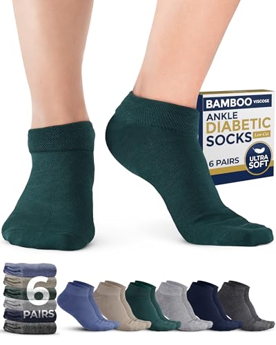 Image of Pembrook Bamboo Viscose Ankle Diabetic Socks for Women and Men - 6 Pairs, Moisture Wicking, Neuropathy and Edema, Black, White, Beige, Aqua, Blue, Navy