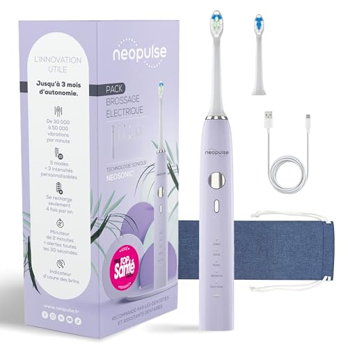 Neosonic® – Elektrische Schallzahnbürste, Laufzeit 3 Monate – 15 Modi – wiederaufladbar USB-C – Timer 2 Minuten – 2 Köpfe enthalten – 2 Jahre Garantie – Violette Schallbürste NEOPULSE