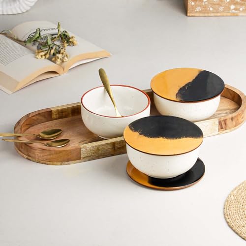 Image of The Earth Store White Marble Ceramic Bowl Serving Set - 3 Bowls (500ml Each) with Wooden Tray, 3 Spoons & 3 Multipurpose Lids /Coaster - for Snacks, Curries, Desserts & Fruits