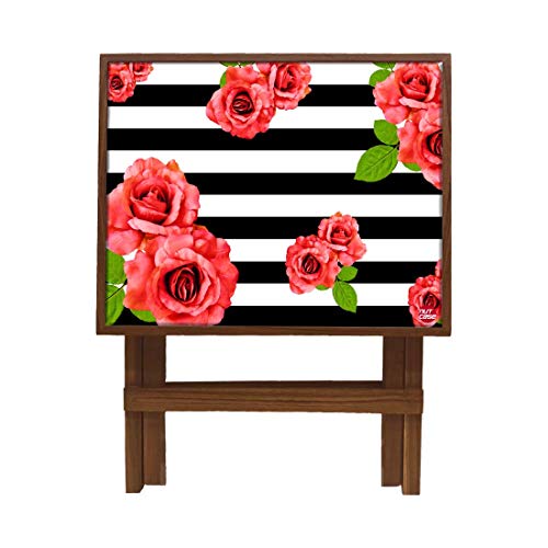 Image of Nutcase Designer Teak Wood Side Table Folding Wooden Bedside Coffee Outdoor Picnic Table - Black Stripes Floral