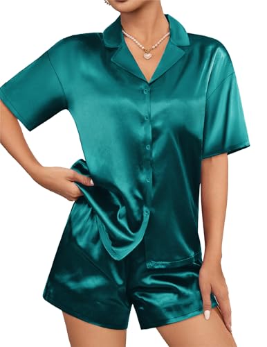 Ekouaer Womens Silk Satin Pajamas Set Short Sleeve Sleepwear Button Down Top and Shorts Loungewear 2 Piece Pjs Set Blue Green, Small
