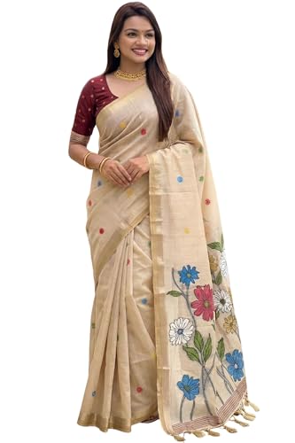 Image of SGF11 Women's Soft Cotton Linen Silk Saree With Blouse Piece