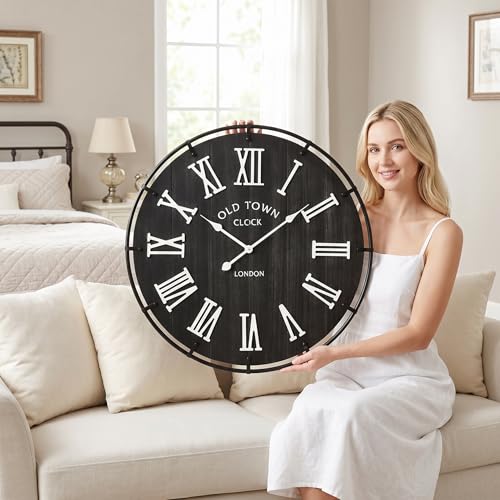 Image of EMAX HOME Inch Large Black Wall Clock, Rustic Distressed Wooden Dial with 3D White Roman Numerals, Silent Sweep Movement, High Contrast Farmhouse Decor for Bedroom, Kitchen, or Dining Room.