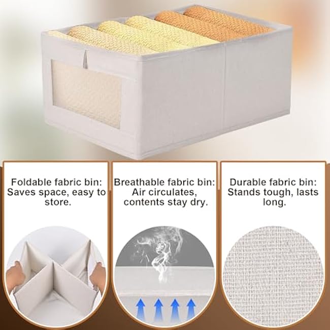 3 Pack Linen Organizer Storage Bins - Foldable Fabric Closet Storage Baskets with Clear Window for Organizer Clothes, Toys, Towels, Jeans, Books, Shelves, 16x11x7 (Beige)