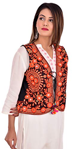 Image of Craft Trade Women's Cotton Embroidered Kutchi Jacket with Tassels Sleeveless Mirror Work