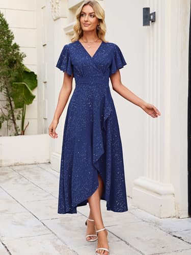Image of Long Black Formal Dresses for Women Gowns Evening Party Cocktail Dress,Split Elegant V Neck Wrap Ruffle Wedding Guest Dresses