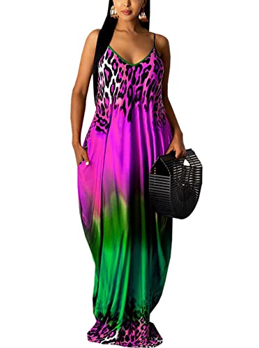 BessCops Summer Dresses for Women Summer Casual Sexy Beach Vacation Bohemian Printed African Sleeveless Maxi Sundress Plus Size Rose