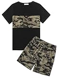 Arshiner Jungen Tshirt mit Short Set Sommer Freizeit Bekleidungssets Kurzarmshirt Zweiteiliges Farbblock-Mode Outfits für Jungen 10-11 Jahre