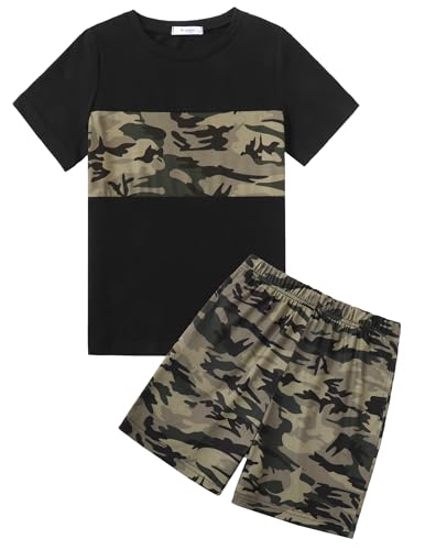 Arshiner Jungen Tshirt mit Short Set Sommer Freizeit Bekleidungssets Kurzarmshirt Zweiteiliges Farbblock-Mode Outfits für Jungen 10-11 Jahre