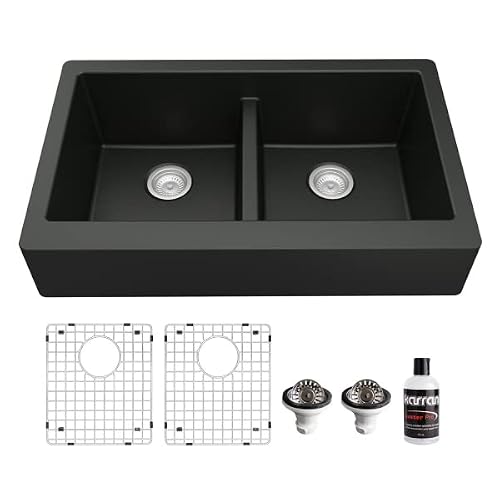 Karran Qar-750 Retrofit Farmhouse Apron Front Quartz Composite 34 In. Double Bowl Kitchen Sink Kit In Black #TOP14