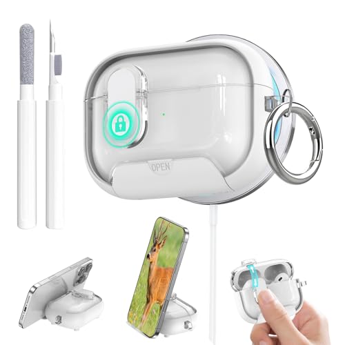 Image of Aircawin for Airpods Pro 2 Case Clear,Secure Lock for Airpod Pro 1st /2nd Generation Case Cover 2023 /2022 /2019 with Phone Stand /Magsafe Funtion,Auto Pop-up,Hybrid Protection with Carabiner&Cleaning Pen