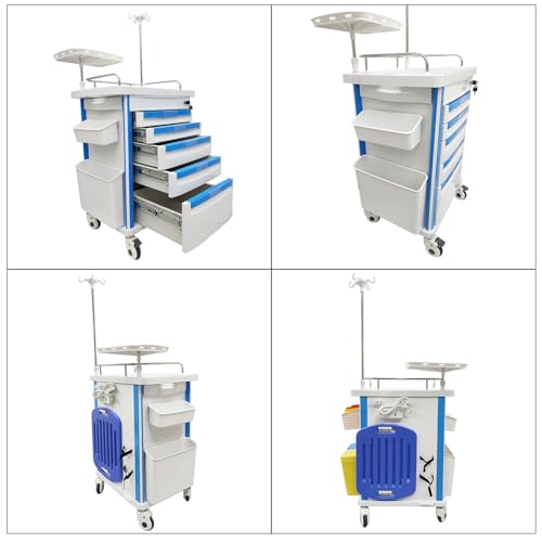 EQCOTWEA Medical Crash Cart with Emergency Accessory Mobile Medical Cart with Drawer Medical Emergency Vehicle with IV Pole O2 Holder Defibrillator Board Trash Can for Hospitals and Clinics