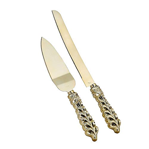 FASHIONCRAFT 2565 Shiny Gold Botanical Collection Stainless Steel Cake Server & Cake Knife Set, Lattice Design Cake Server and Knife Set, Wedding Favor