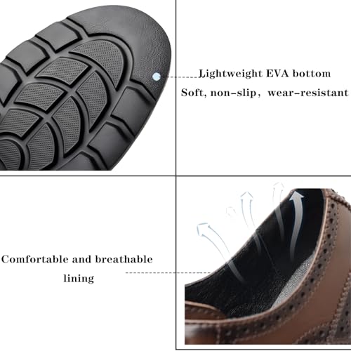 Men's Leather Lace-Up Breathable Brogue Oxfords Fashion Round Toe Soft Chunky Sole Lightweight Dress Shoes for Business Casual Walk2