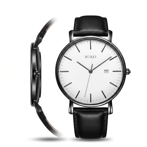 Image of BUREI Men's Fashion Minimalist Wrist Watch Analog Date with Leather Strap