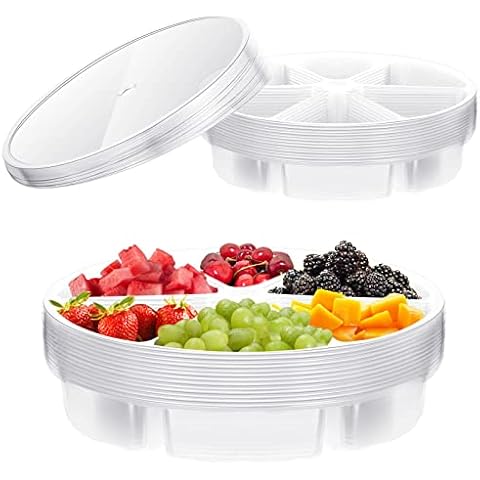 10 Pack 10 Inches Round Plastic Serving Tray 6 Sectional Plastic Appetizer Tray with Lid Clear Food Platters for Parties PET Round Platter Container Veggie Fruit Travel Organizer for Party and Buffet Cover