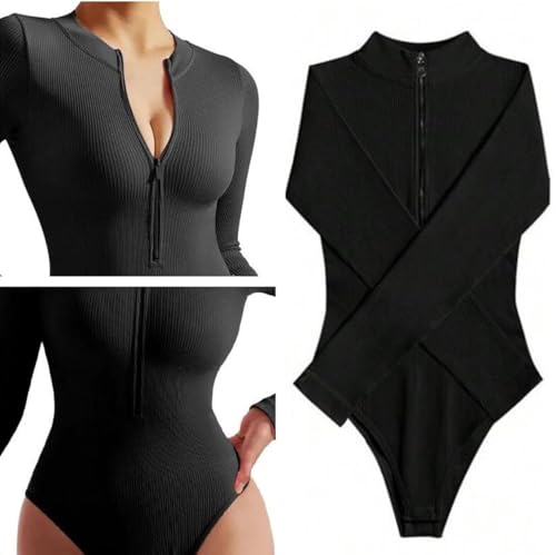 Ribbed Long Sleeve Bodysuit for Women, High Stretch Slim Fit Leotard Top, Sexy Zip-Up Front Shapewear with Tummy Control, Snap Closure, Casual Winter Outfit (L)