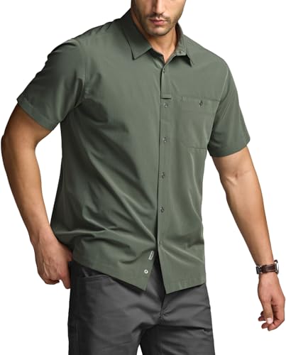 CQR Men's Short Sleeve Tactical Shirts, UPF 50+ Ripstop Military Work Shirts, Breathable Button Down Outdoor Hiking Shirt, Metro Lichen, XX-Large