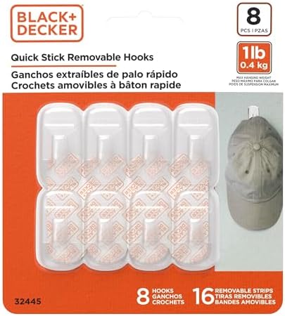 Black+Decker Solid Wall Hooks, Quick Stick Adhesive, Removeable, 8 Wall Hooks, 16 Adhesive Strips, Hang Decorations Without Damaging Walls, up to 1 lb., Clear image 3