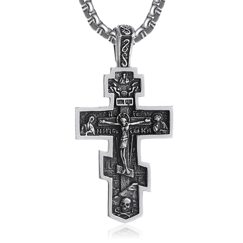 KOMI 316L Stainless Steel Necklace Jesus Crucifix Cross Necklace For Men Celtic Orthodox Cross Necklace Virgin Mary Pendant Necklace Viking Rune Chain Necklace Religious Christian Jewelry Gifts For Men