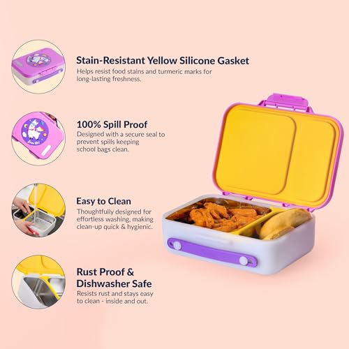 Image of Rabitat Munchbee Pro Personalized Stainless Steel Kids Lunch Box 850ml- Food-Grade Steel Bento Tiffin | 2-Year Brand Warranty | Spill-Proof Flick-Lock | 3 Compartments, BPA-Free, School-Safe | Chatter