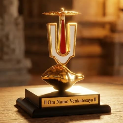 Image of Divine Hindu Shri Vishnu Shankh Tilak Chakra with Base | Lord Vishnu Divine Symbol Showpiece for Home Decor | Shankh Chakra Namam Idol for Office Desk, Car Dashboard & Spiritual Gift