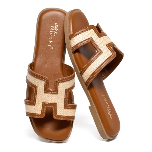 Image of NianEr Womens Microfiber Leather Memory Foam H Sandals Summer Shoes Slides | Flat, Comfortable, Slip On, Dressy, Dress, Beach, Vacation, Designer, Comfy, Casual, Bridal, Church, Boho, Office, Work