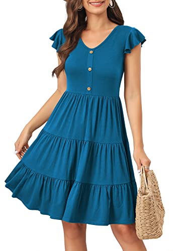Image of Lamilus Summer Dresses for Women 2026 Ruffle Sleeve V Neck Non-See Through Tiered Babydoll Mini Dress Graduation Beach