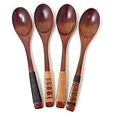 Honbay 4PCS Handmade Japanese Style Long Handle Wooden Soup Spoons with Tied Line on Handle for Travel, Picnic, Camping or Just for Daily Use