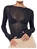 RoseSeek Women's Sheer Mesh Long Sleeve T Shirts Boat Neck Slim Fit Tee Tops Going Out See Through Shirts Black Medium