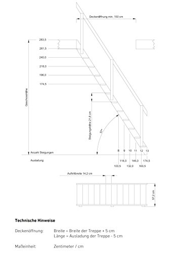 DOLLE Raumspartreppe aus unbehandelter massiver Fichte Höhe bis 283,5 cm inkl. Geländer mit zweigeteilter Wange