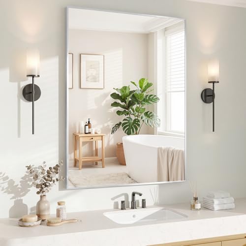 Image of Koonmi White Rectangle Wall Mirror, 30x36 Inch Bathroom Mirror, Aluminum Frame Vanity Mirror for Entryway, Living Room, Bedroom Bathroom, Hangs Horizontally or Vertically
