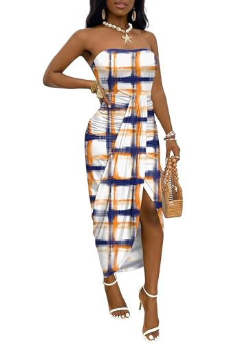 Image of Umenlele Women's Strapless Ruched High Waist Wrap Split Asymmetrical Beach Maxi Long Dress