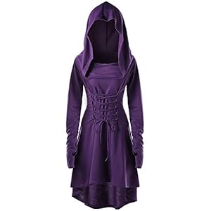 Gemijack Womens Renaissance Costumes Hooded Robe Lace Up Vintage Pullover High Low Long Hoodie Dress Cloak