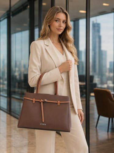 Image of Evara Women's Tote Handbag, Brown, 32x13x22 cm, with Belt Strap Detail