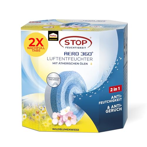 Pattex AERO 360° Wildblumenwiese Tabs Nachfüllpack, reduzieren Feuchtigkeit und schlechte Gerüche, Nachfülltabs für den Luftentfeuchter AERO 360°, 2er-Pack (2x450g) Pattex AERO 360° Wildblumenwiese Tabs Nachfüllpack, reduzieren Feuchtigkeit und schlechte Gerüche, Nachfülltabs für den Luftentfeuchter AERO 360°, 2er-Pack (2x450g)