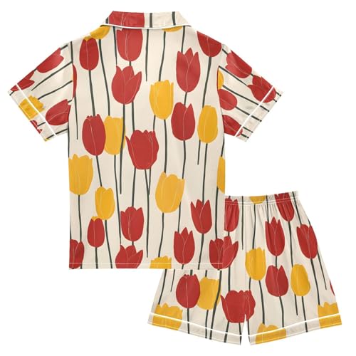 ALAZA Red Yellow Tulip Flower Art Pajamas Satin Pajama Set Short Sleeve Button Down Sleepwear2