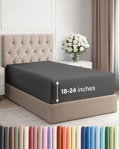 Image of Deep Twin XL Fitted Sheet - College Dorm Room Essentials - Charcoal | Easily Fits 18 inch to 24 inch Mattress, Wrinkle Resistant, Soft, Breathable & Comfy, Extra Deep Pockets Fitted Sheet