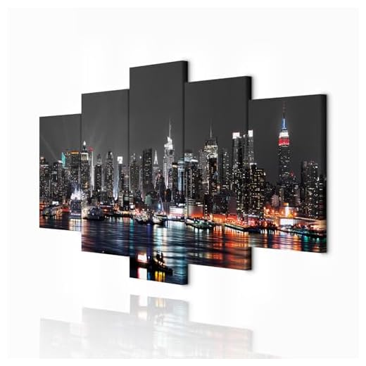 decomonkey Bilder New York 200x100 cm 5 Teilig Leinwandbilder Bild auf Leinwand Wandbild Kunstdruck Wanddeko Wand Wohnzimmer Wanddekoration Deko Panorama Skyline Stadt